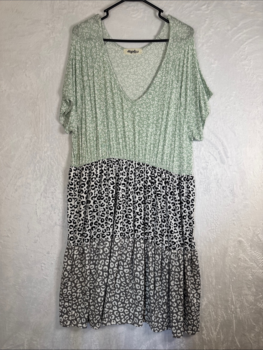 Haptics 2X Mint & Gray Tiered Leopard Print V-Neck Dress